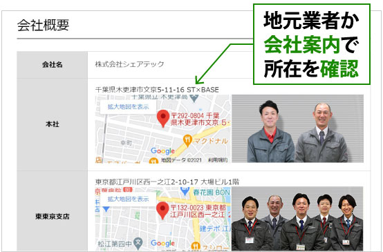 地元業者か会社案内で所在を確認