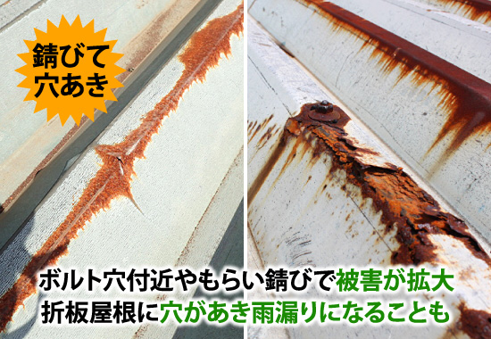 ボトル穴付近やもらい錆びで被害が拡大。折半屋根に穴があき雨漏りになることも