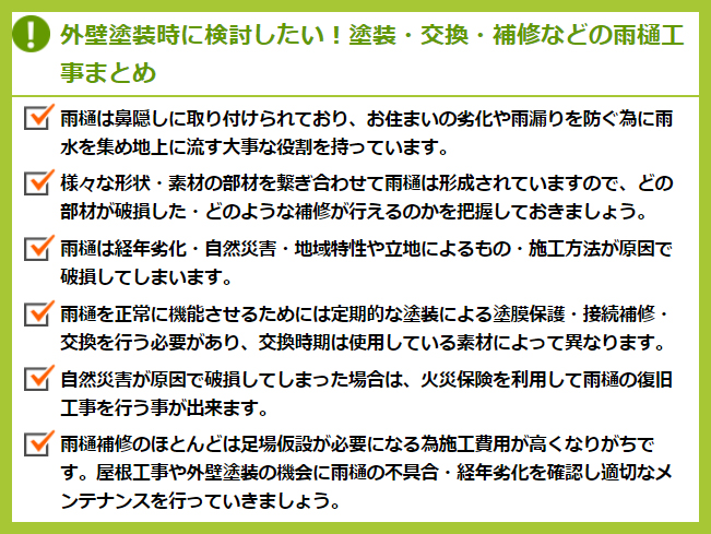 外壁塗装時に検討したい！塗装・交換・補修などの雨樋工事まとめ