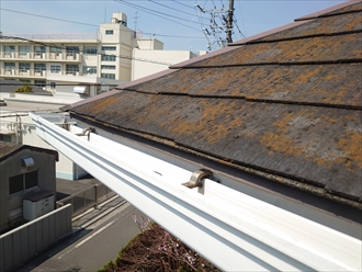 横浜市青葉区荏田町にスレート屋根調査、塗膜の劣化が進み黄色い苔や黒カビの繁殖でスレートが傷んでしまっておりました
