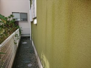 抹茶のような綺麗な外壁に雨垂れと黒カビが目立ちます