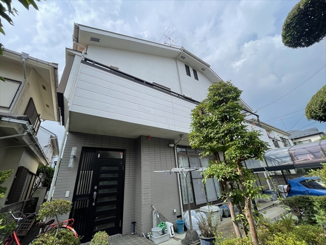 横浜市緑区長津田のモルタル外壁のお住まいをパーフェクトトップ（NDー１０５）で外壁塗装工事、施工前写真