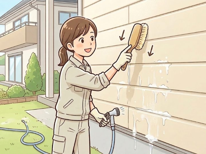 外壁をブラシで清掃する様子