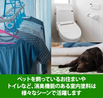 ペットを飼っているお住まいやトイレなど、消臭機能のある室内塗料は様々なシーンで活躍します